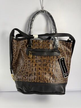 Isaac Mizrahi Brown Croc-Embossed Tote with Black Accents